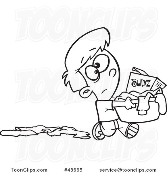 Cartoon Black and White Boy Dropping Clothes and Carrying a Laundry Basket  with Detergent #48665 by Ron Leishman