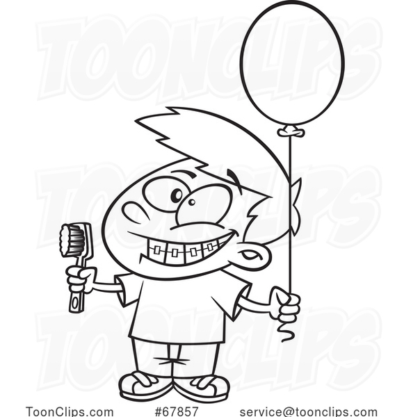 Cartoon Black and White Boy Grinning and Visiting with a Toothbrush and Balloon