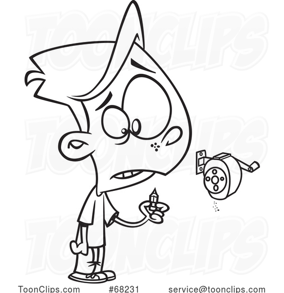 Cartoon Black and White Boy Holding a Pencil Stub After Using a Sharpener