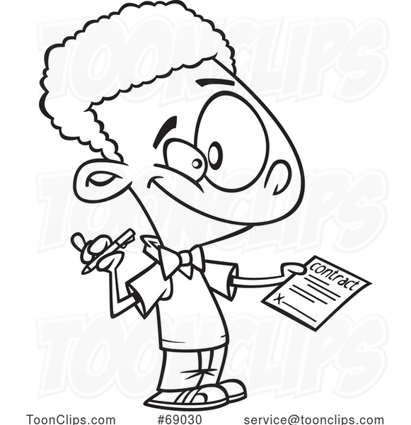 Cartoon Black and White Boy Holding out a Contract