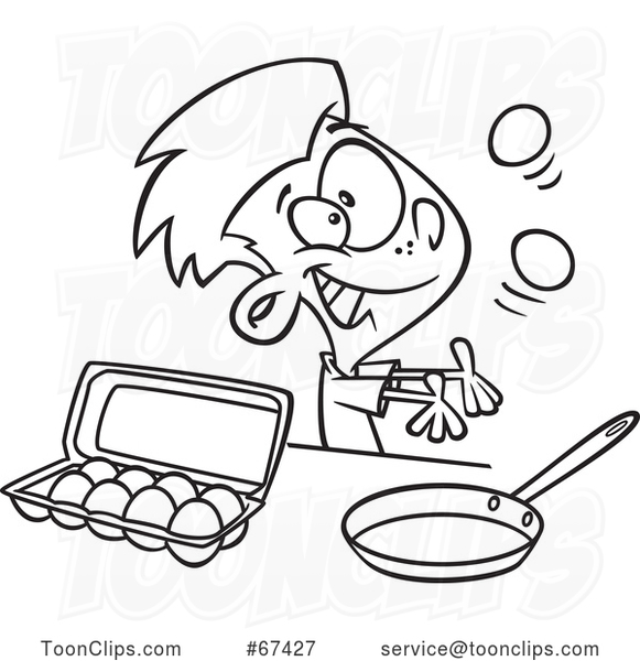 Cartoon Black and White Boy Juggling and Preparing to Make Scrambled Eggs