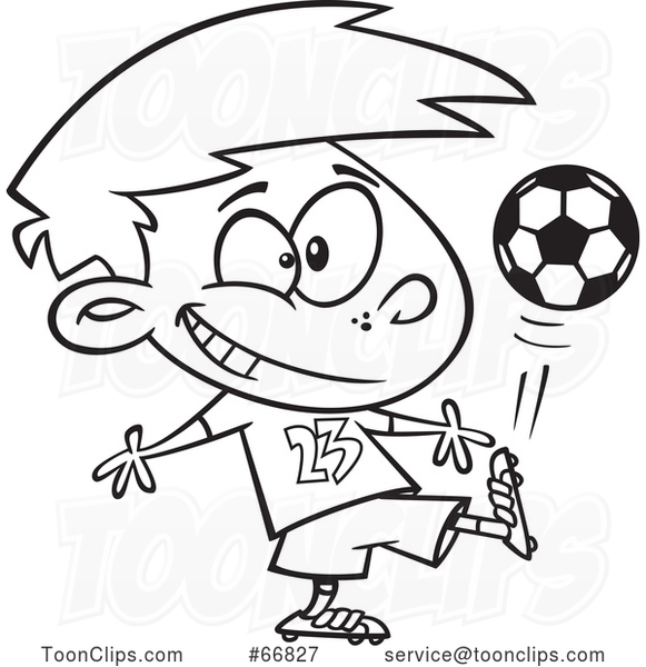 Cartoon Black and White Boy Kicking a Soccer Ball #66827 by Ron Leishman