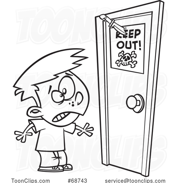 Cartoon Black and White Boy Looking at a Knife Through a Keep out Sign on a Door