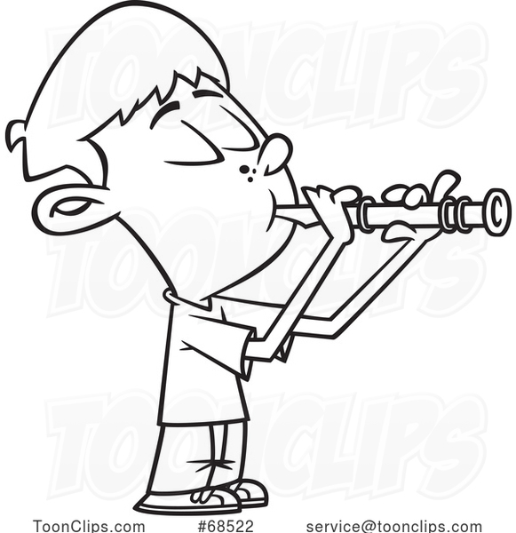 Cartoon Black and White Boy Playing a Recorder