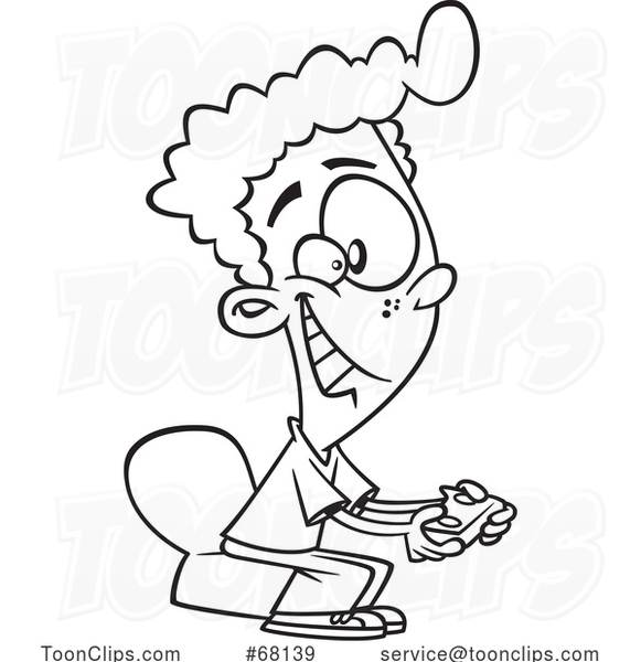 Cartoon Black and White Boy Playing a Video Game
