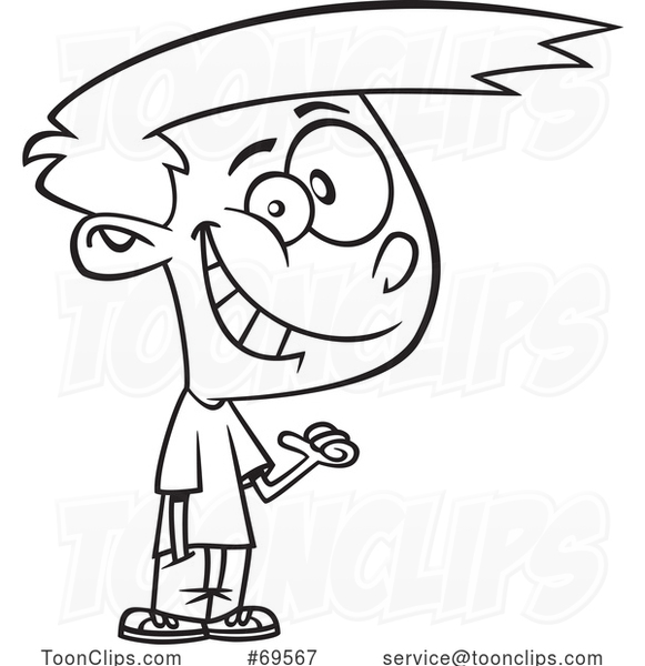 Cartoon Black and White Boy Pointing at Himself and Grinning