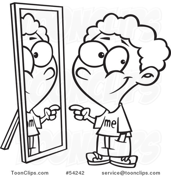 Cartoon Black And White Boy Pointing To His Reflection In The Mirror By Ron Leishman