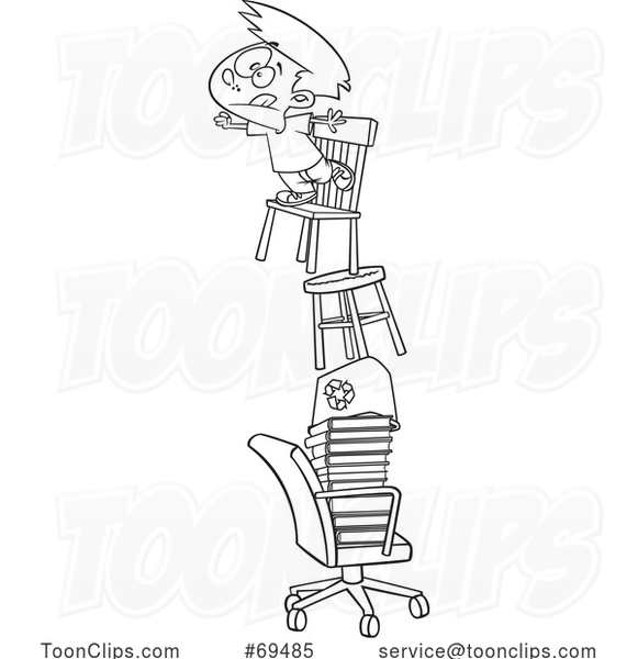 Cartoon Black and White Boy Reaching from a Tall Stack