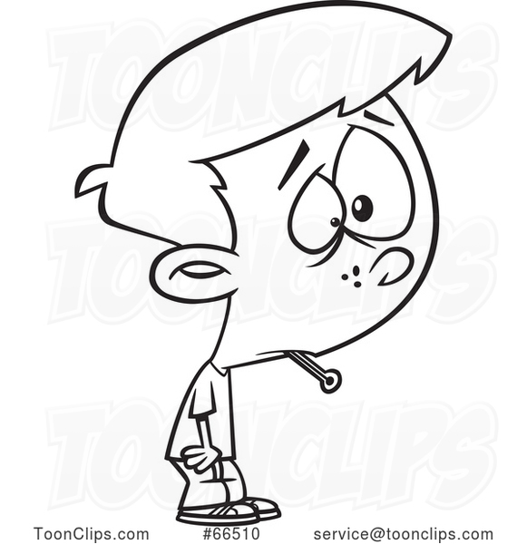 Cartoon Black And White Boy Sick With The Flu A Thermometer In His Mouth 66510 By Ron Leishman
