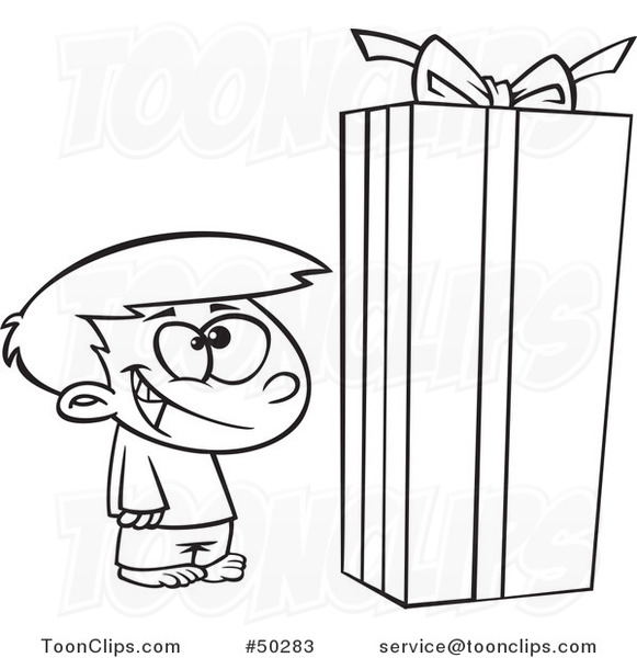 Cartoon Black and White Boy Standing by a Large Christmas Gift Box