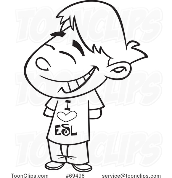 Cartoon Black and White Boy with an I Love ESL Shirt