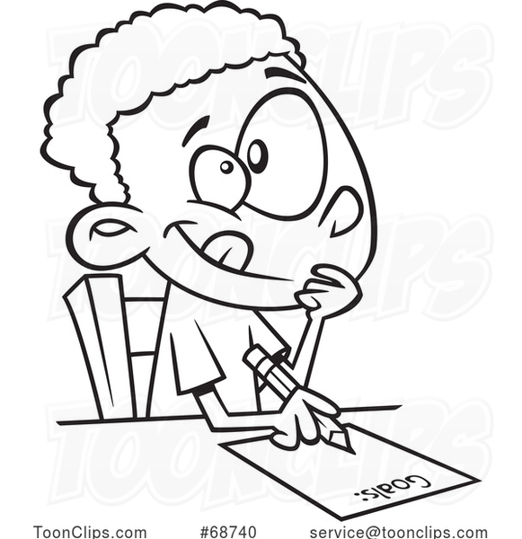 Cartoon Black and White Boy Writing down His Goals #68740 by Ron Leishman