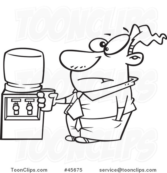 Cartoon Black and White Business Man Drinking at the Cooler
