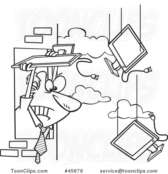Cartoon Black and White Business Man Throwing Old Monitors out an Office Window