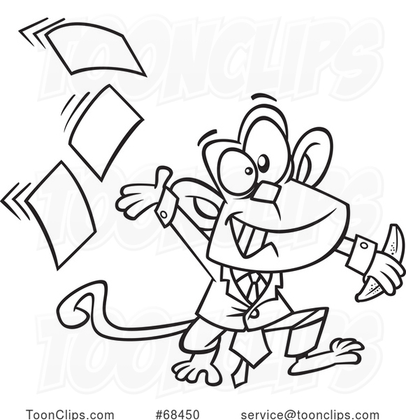 Cartoon Black and White Business Monkey Tossing Papers