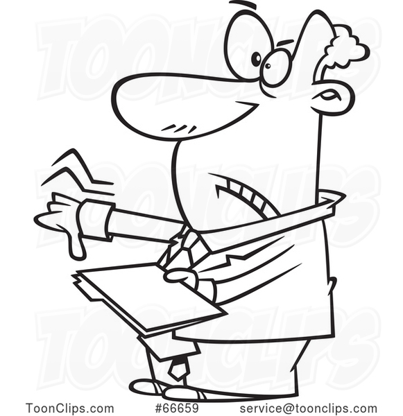 Cartoon Black and White Businessman Giving a Thumb down and Holding a Folder