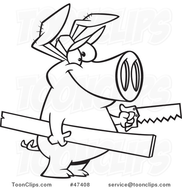 Cartoon Black and White Carpenter Pig Holding Lumber and a Saw