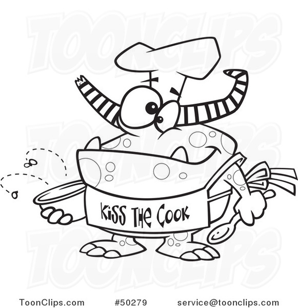 Cartoon Black and White Chef Monster Wearing a Kiss the Cook Apron