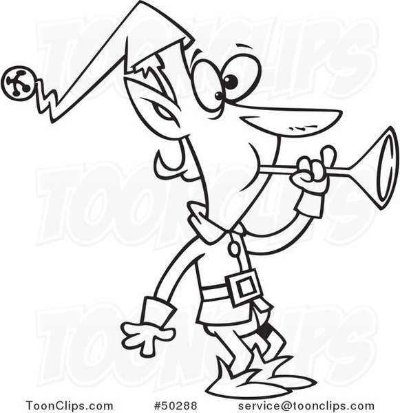 Cartoon Black and White Christmas Elf Blowing a Horn