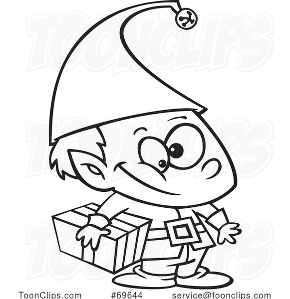 Cartoon Black and White Christmas Elf Kid Holding a Gift