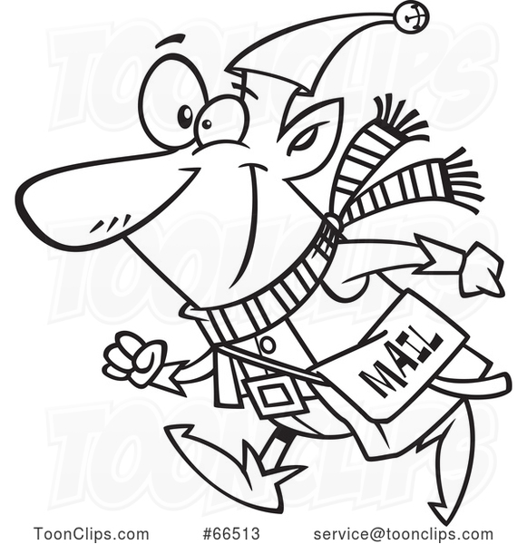 Cartoon Black and White Christmas Elf with a Mail Pouch