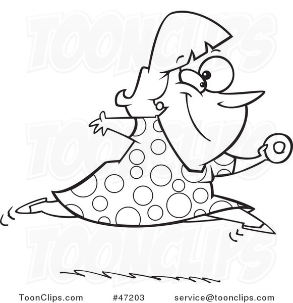 Cartoon Black and White Chubby Lady Leaping with a Donut in Hand
