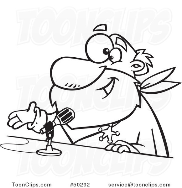 Cartoon Black and White CRS Santa Speaking into a Microphone