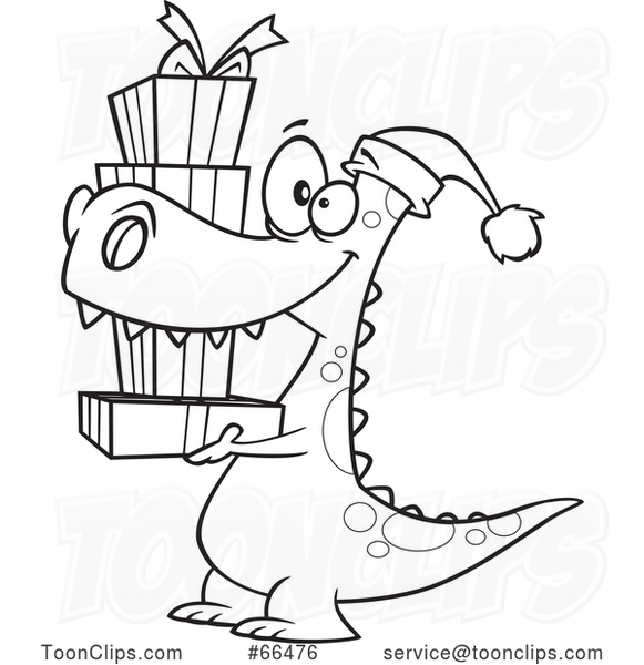 Cartoon Black and White Dinosaur Wearing a Santa Hat and Carrying Christmas Gifts