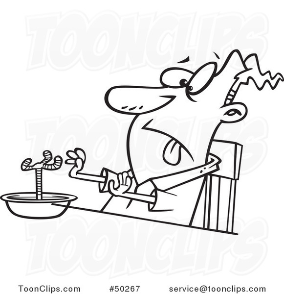 Cartoon Black and White Disgusted Guy with a Chicken Leg in a Soup Bowl