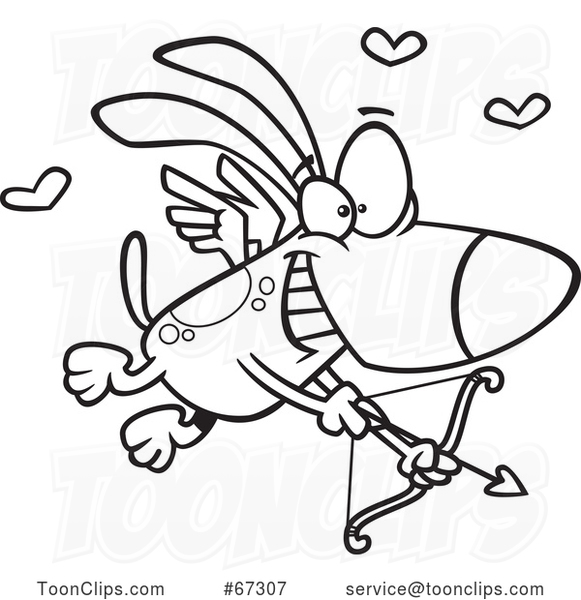 Cartoon Black and White Dog Cupid Aiming a Valentines Day Arrow