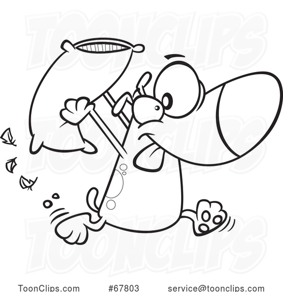 Cartoon Black and White Dog Engaging in a Pillow Fight