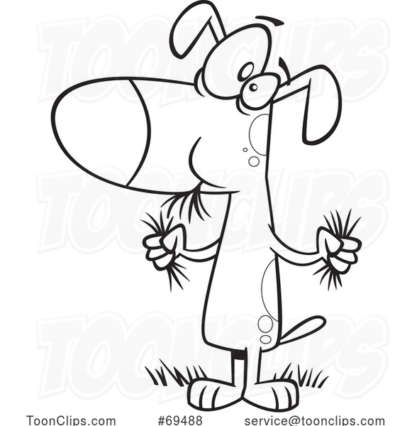Cartoon Black and White Dog Munching on Grass