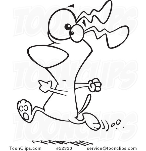 Cartoon Black and White Dog Running with a Worried Expression