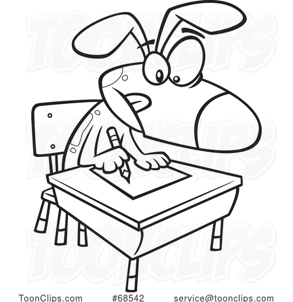 Cartoon Black and White Dog Sitting at a Desk in Obedience School
