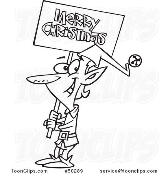 Cartoon Black and White Elf Carrying a Merry Christmas Sign