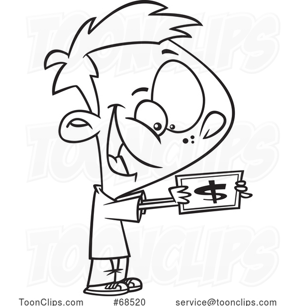 Cartoon Black and White Excited Boy Holding Cash