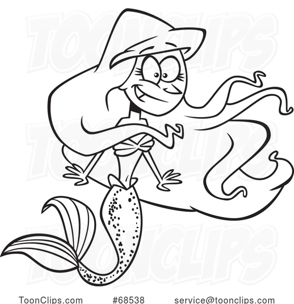 Cartoon Black and White Excited Mermaid