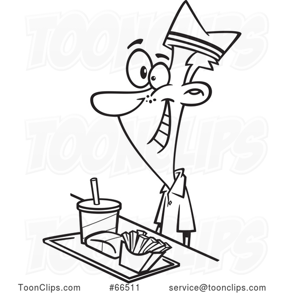 Cartoon Black and White Fast Food Worker Guy with a Tray of Food at a Counter