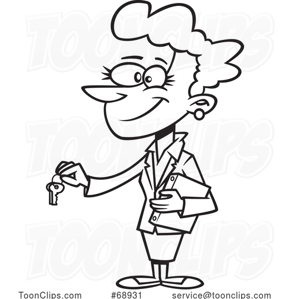 Cartoon Black and White Female Landlord Holding out Keys