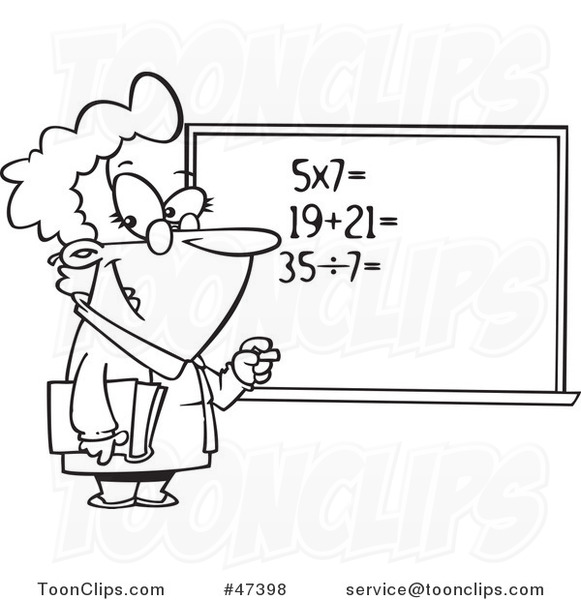 Cartoon Black and White Female Math Teacher at a Chalk Board