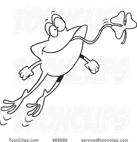 Cartoon Black and White Frog Leaping and Eating a Clover