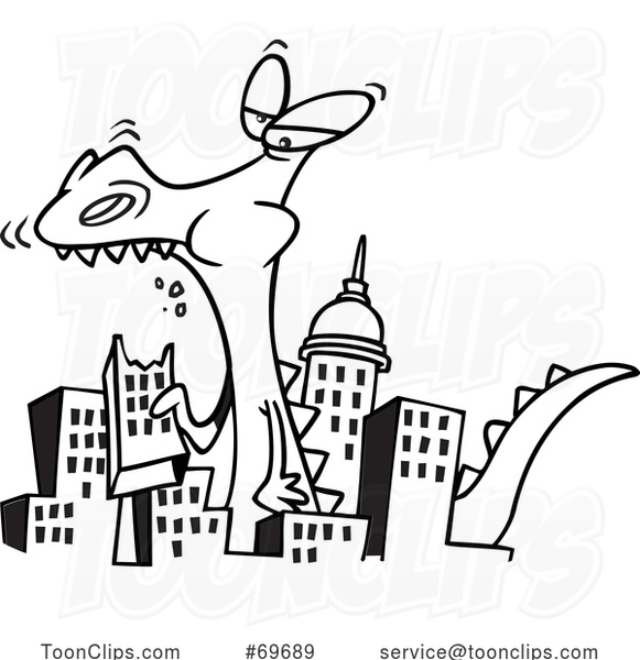 Cartoon Black and White Giant Monster Eating a City