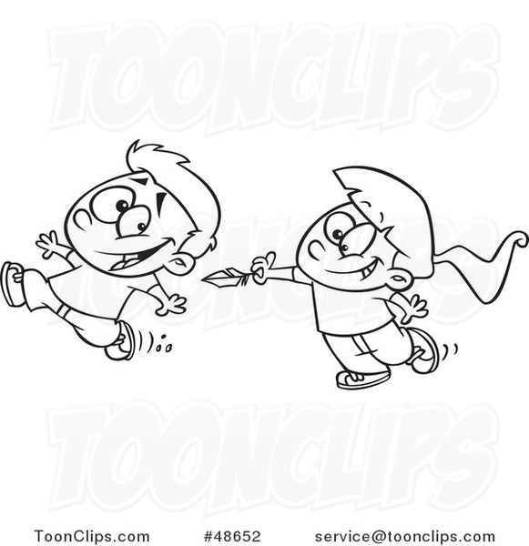 Cartoon Black and White Girl Chasing a Boy to Tickle Him with a Feather