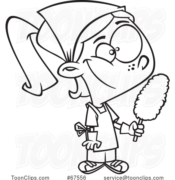 Cartoon Black and White Girl Cleaning and Holding a Duster