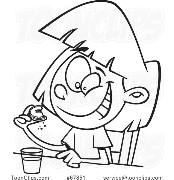 Cartoon Black and White Girl Eating a Cookie with Milk