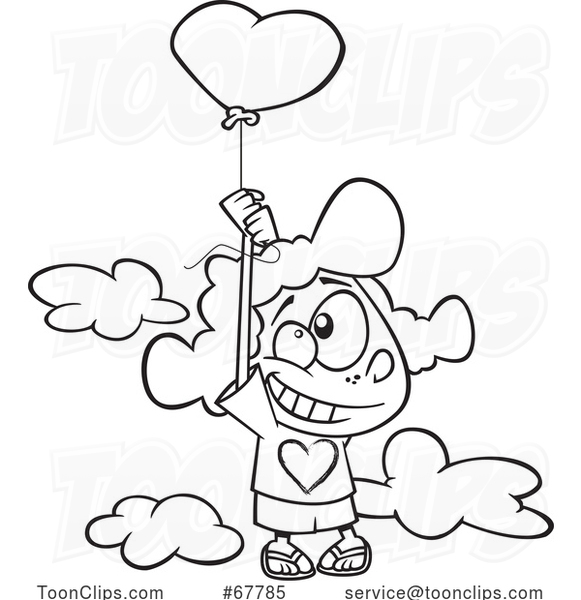 Cartoon Black and White Girl Floating with a Heart Balloon