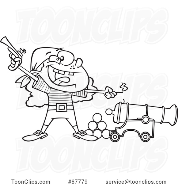 Cartoon Black and White Girl Pirate Holding a Pistol and Lighting a Canon