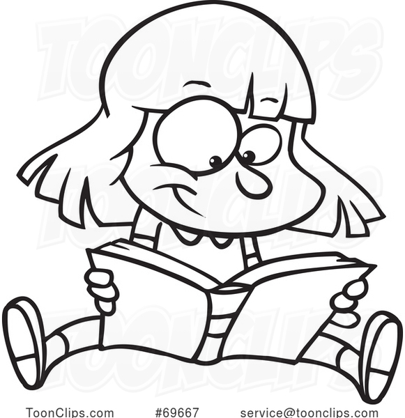 Cartoon Black and White Girl Reading a Book