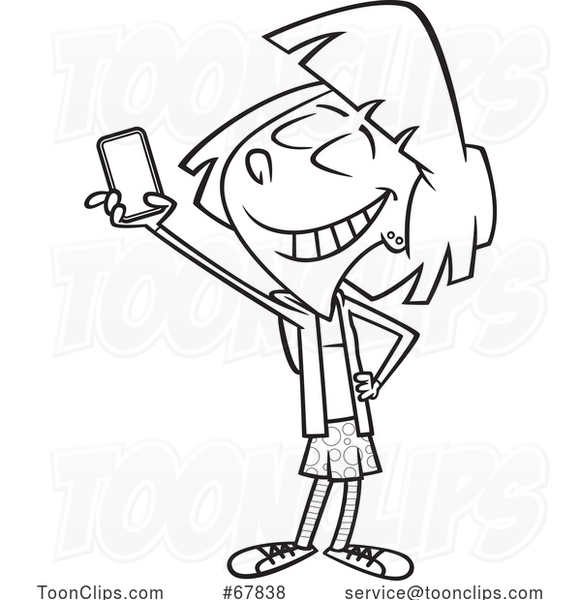 Cartoon Black and White Girl Taking a Selfie