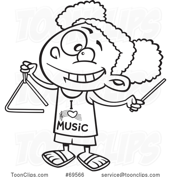 Cartoon Black and White Girl Wearing an I Love Music Shirt and Playing a Triangle